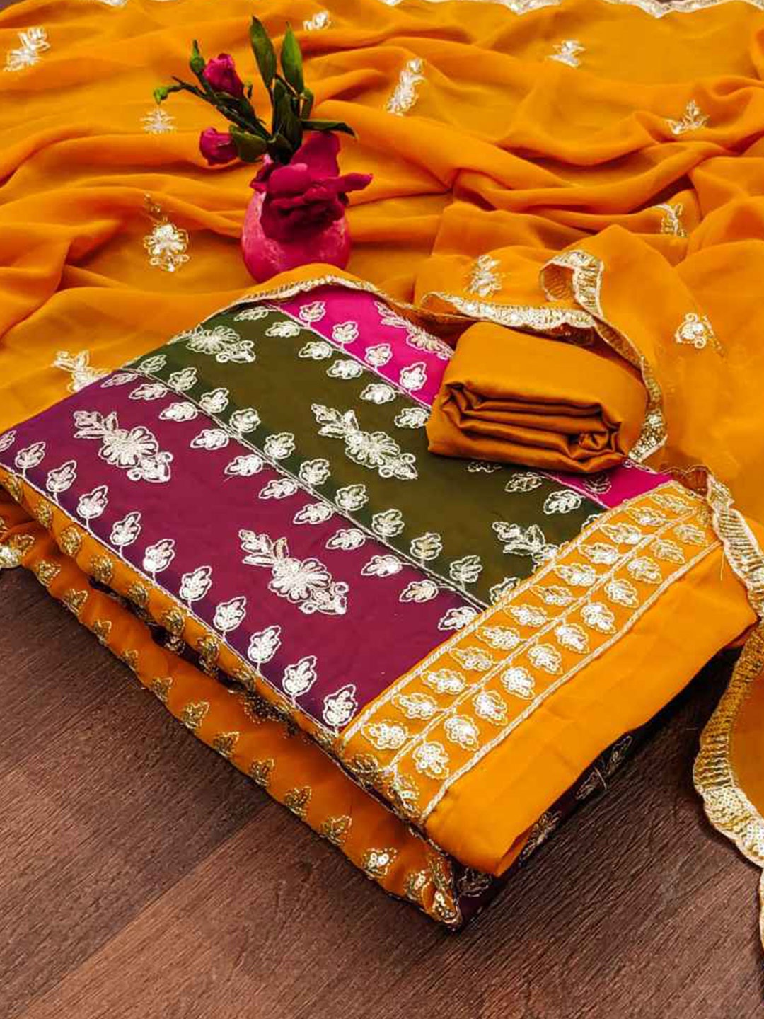 

faxofab Embroidered Unstitched Dress Material, Yellow