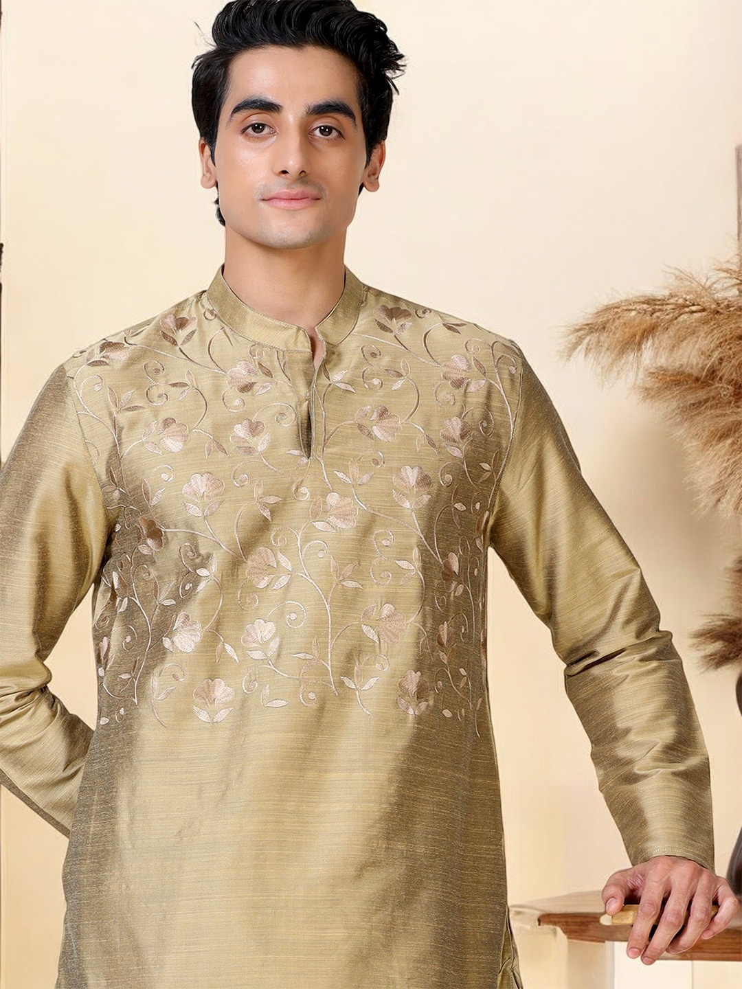 

TATTVA Floral Embroidered Mandarin Collar Straight Kurta, Beige