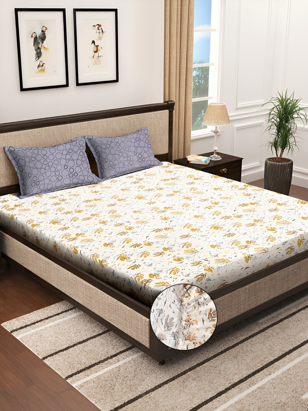 

KLOTTHE Floral Printed 300TC Super King Fitted Bedsheet With 2 Pillow Covers, Cream