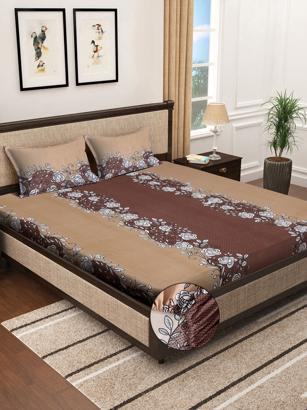 

KLOTTHE Beige & Brown Floral Printed 300TC Super King Fitted Bedsheet With 2 Pillow Covers