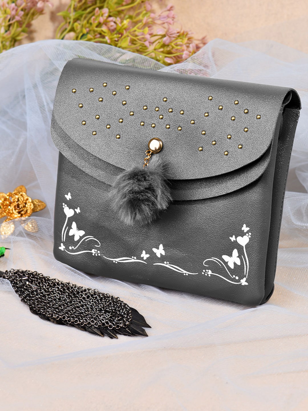 

DressBerry Grey Embellished Structured Sling Bag