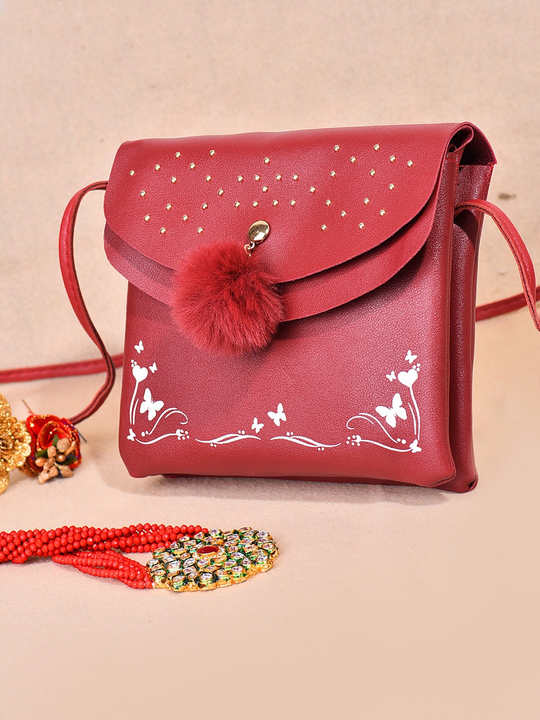 

DressBerry Maroon Embellished Structured Sling Bag