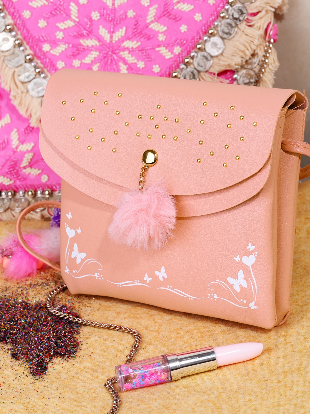 

DressBerry Peach Embellished Structured Sling Bag