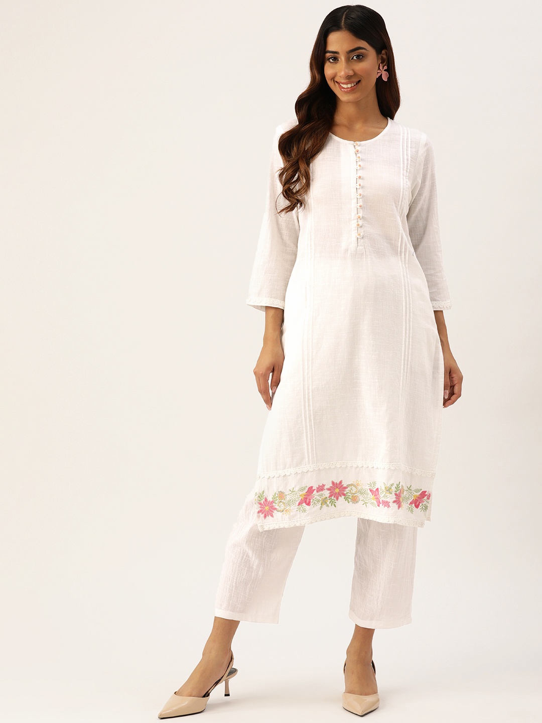 

MISRI Women Floral Embroidered Regular Pure Cotton Kurta with Trousers, White