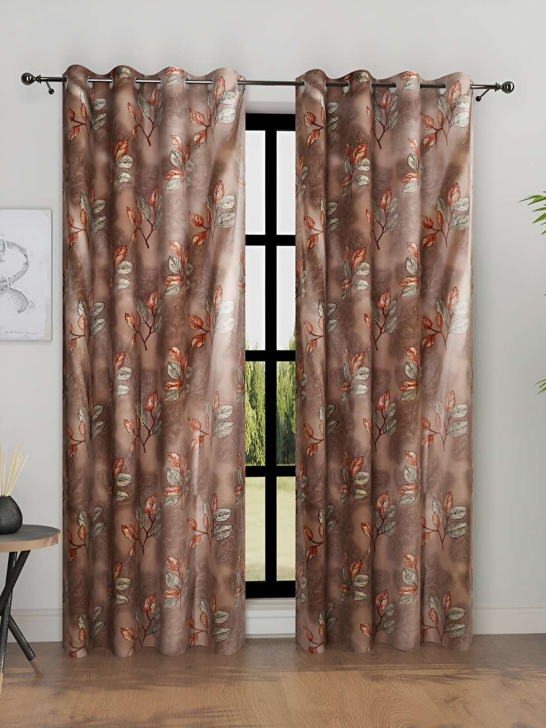 Aura Brown & Grey 2 Pieces Floral Printed Room Darkening Door Curtains