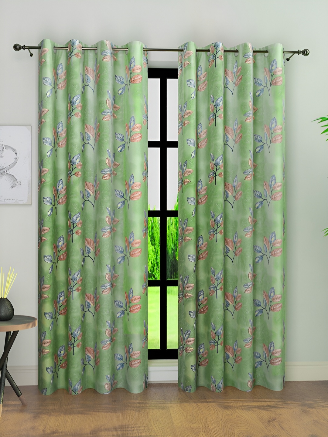 Aura Green & Grey 2 Pieces Floral Room Darkening Door Curtains