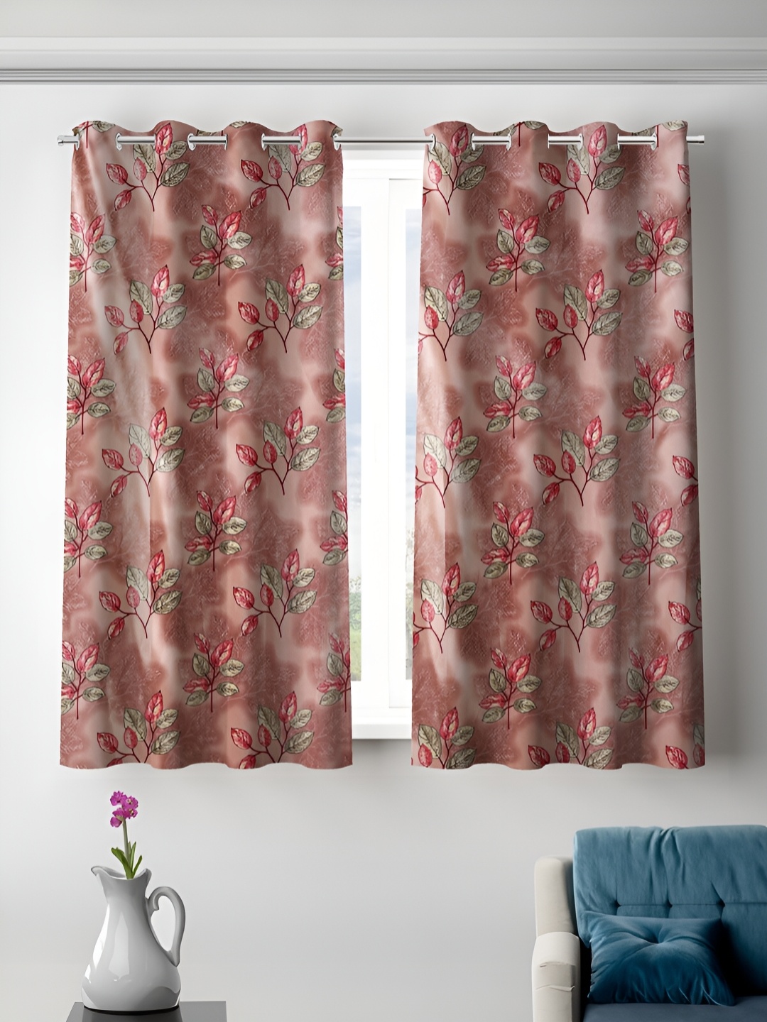 

Aura Peach-Coloured & Green 2 Pieces Floral Room Darkening Window Curtains