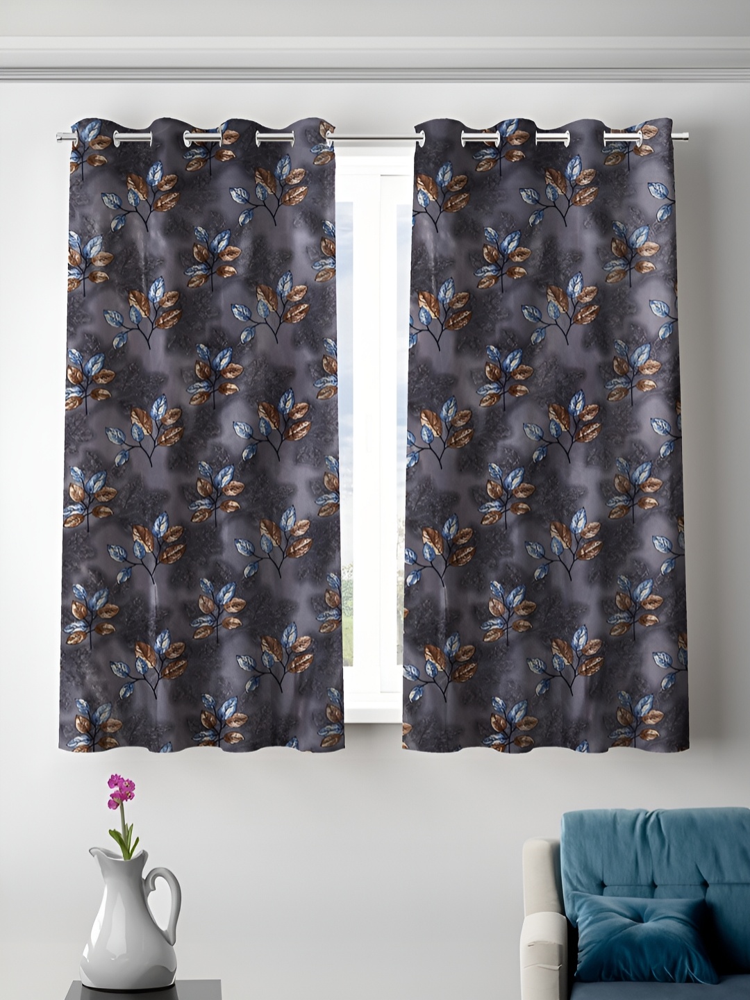 

Aura Grey & Brown 2 Pieces Floral Room Darkening Window Curtains