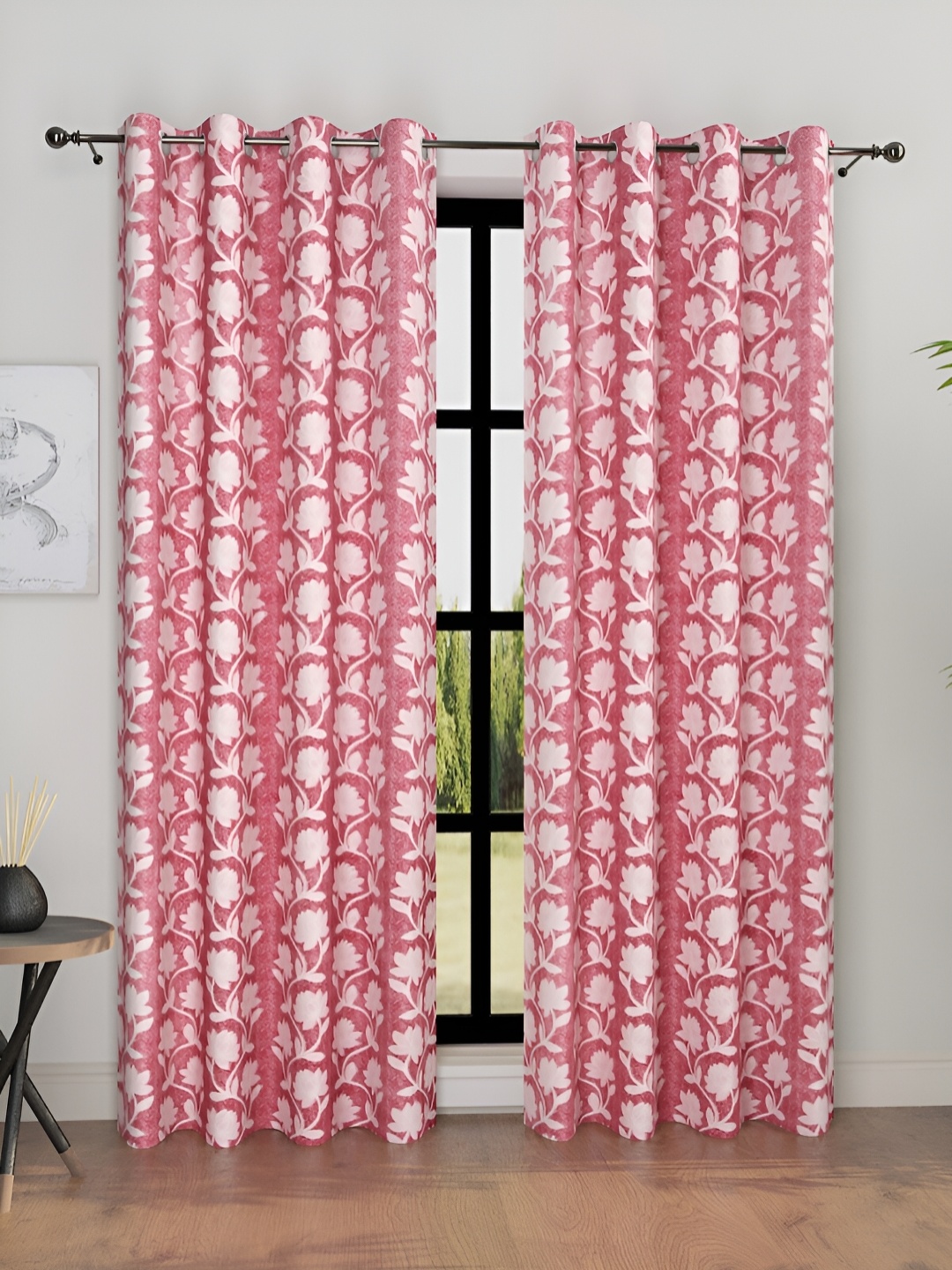 Aura Pink & Maroon 2 Pieces Floral Room Darkening Long Door Curtains