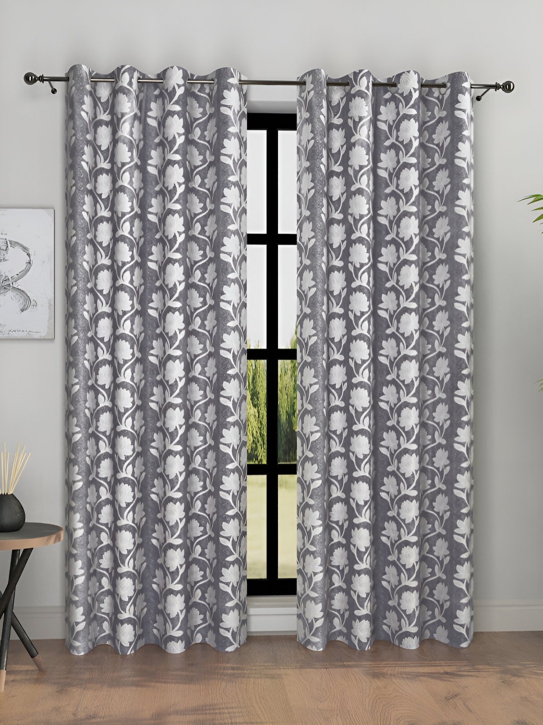 Aura Grey & White 2 Pieces Floral Room Darkening Long Door Curtains