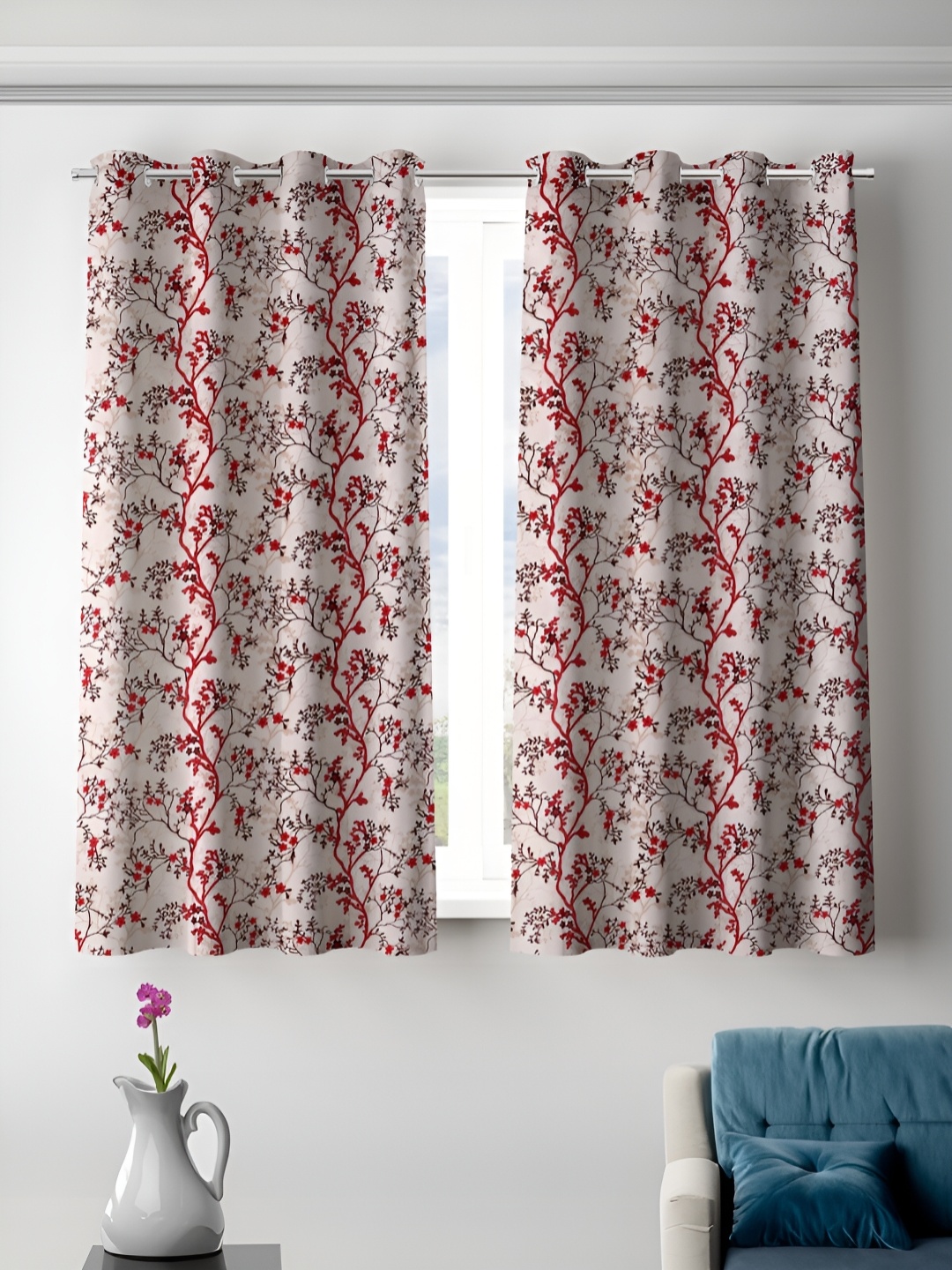 

Aura Maroon & Cream-Coloured 2 Pieces Floral Room Darkening Window Curtains