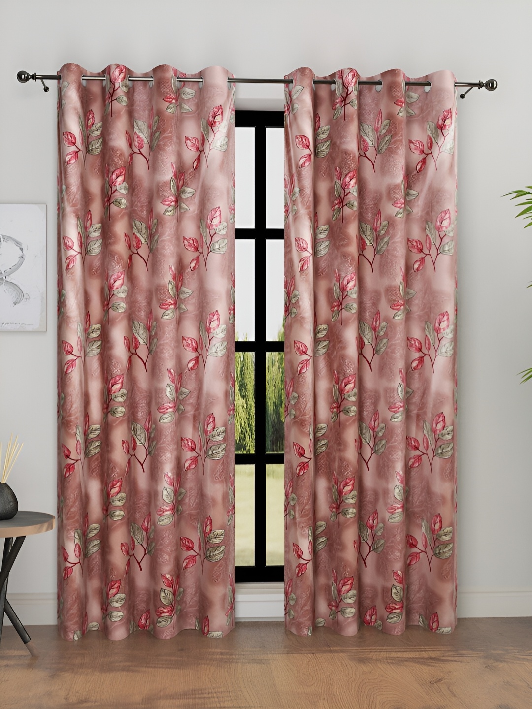 

Aura Peach-Coloured & Green 2 Pieces Floral Room Darkening Door Curtains