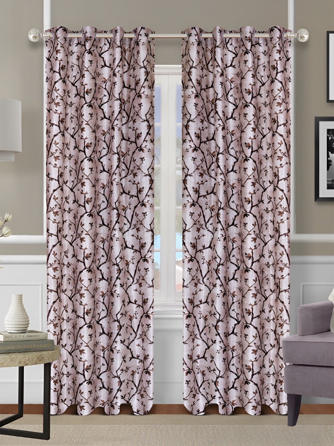 

Aura Cream-Coloured & Brown 2 Pieces Floral Room Darkening Long Door Curtains