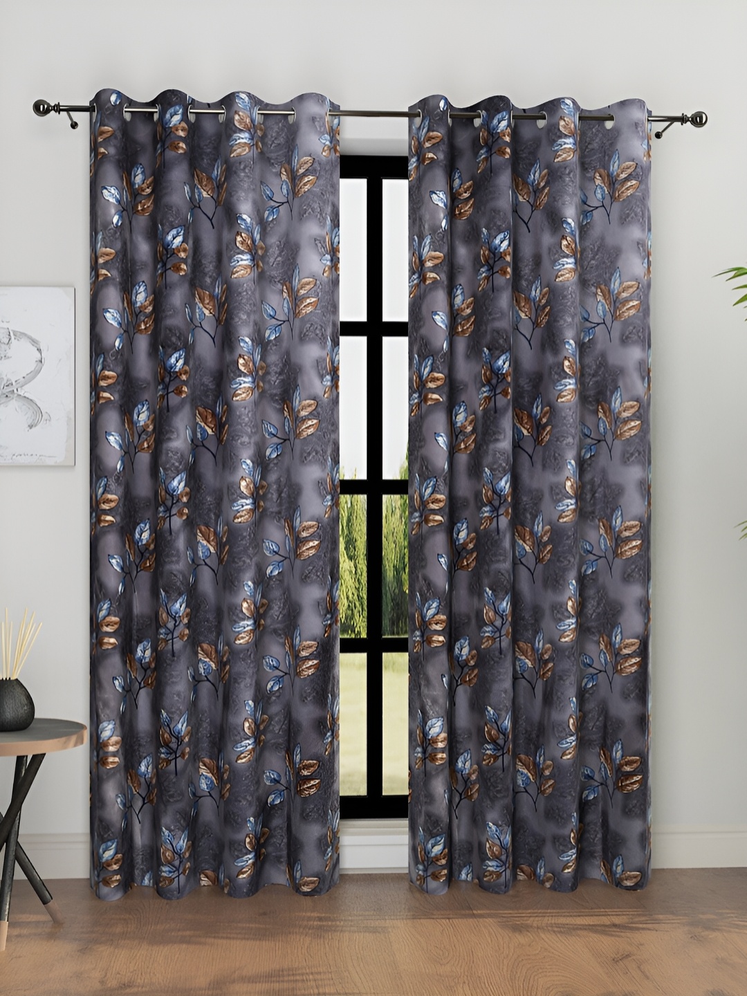 Aura Grey & Blue 2 Pieces Floral Room Darkening Door Curtains