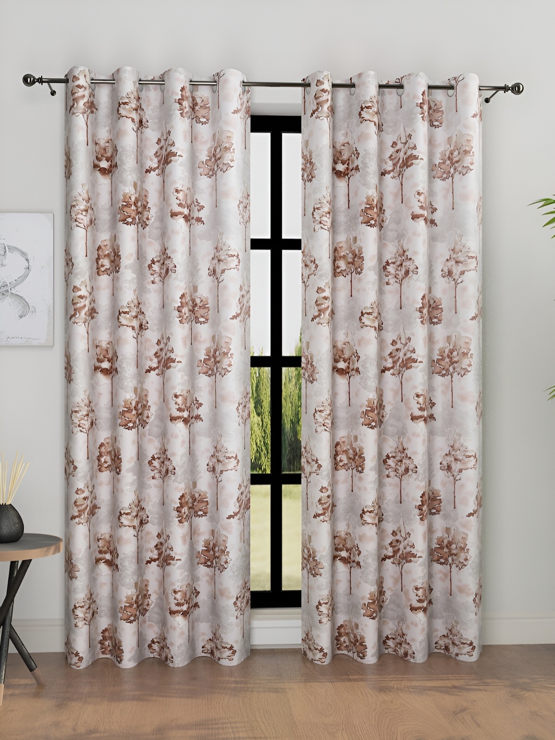 

Aura Brown & White 2 Pieces Floral Room Darkening Door Curtains