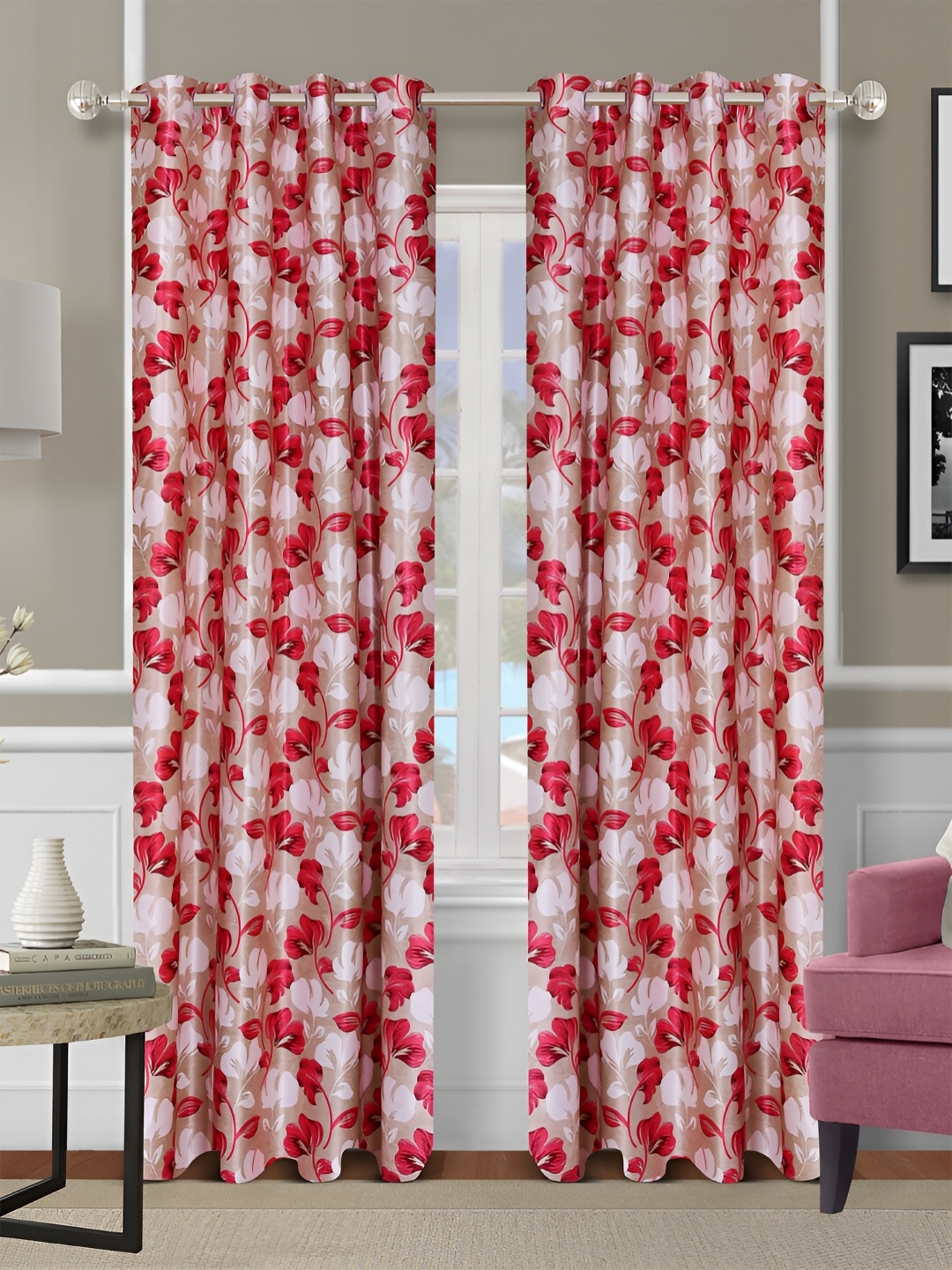 

Aura Beige & Red 2 Pieces Floral Room Darkening Long Door Curtains