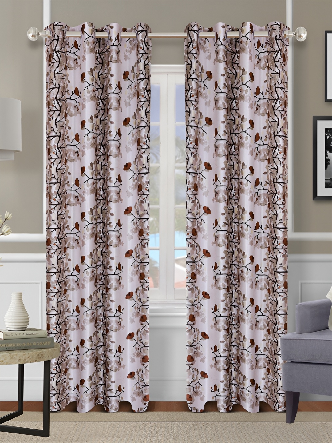 Aura Off White & Brown 2 Pieces Floral Room Darkening Door Curtains