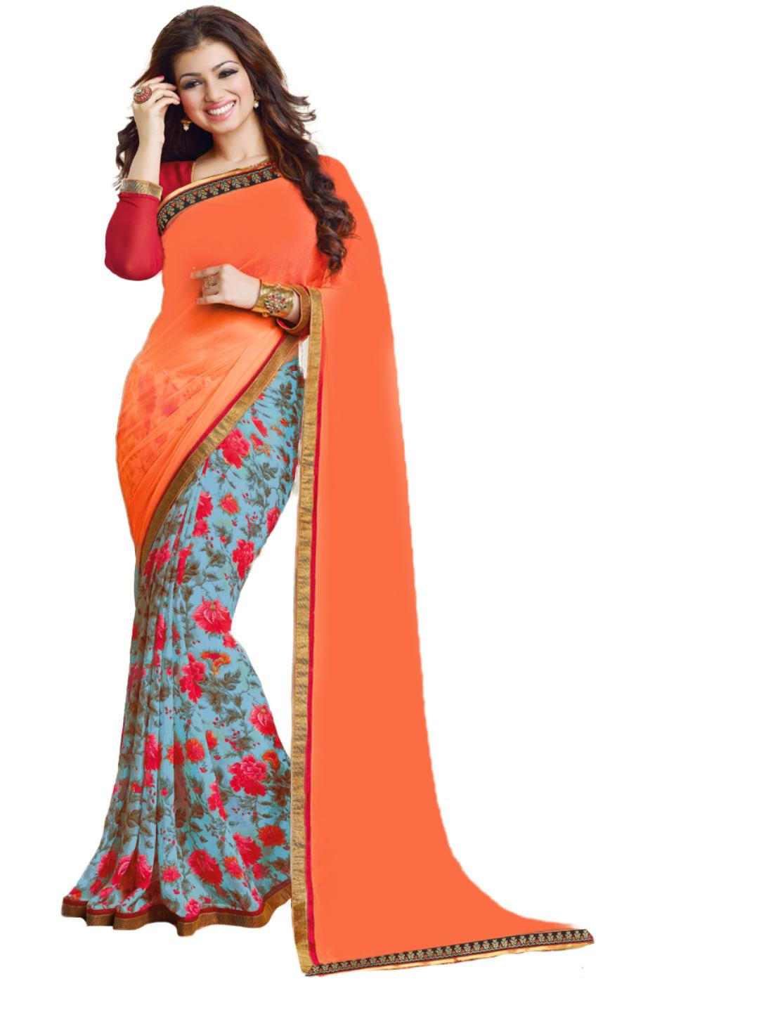 

SM TRENDZ Floral Zari Pure Georgette Half and Half Bhagalpuri Saree, Blue
