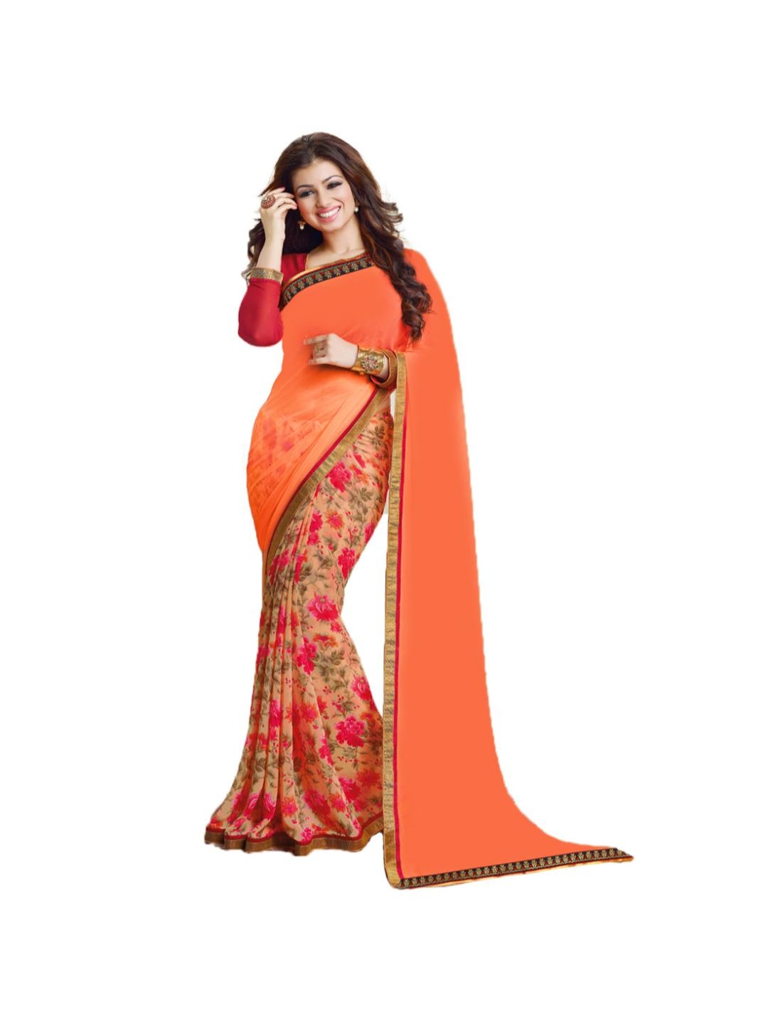 

SM TRENDZ Floral Printed Pure Georgette Half and Half Bhagalpuri Saree, Orange