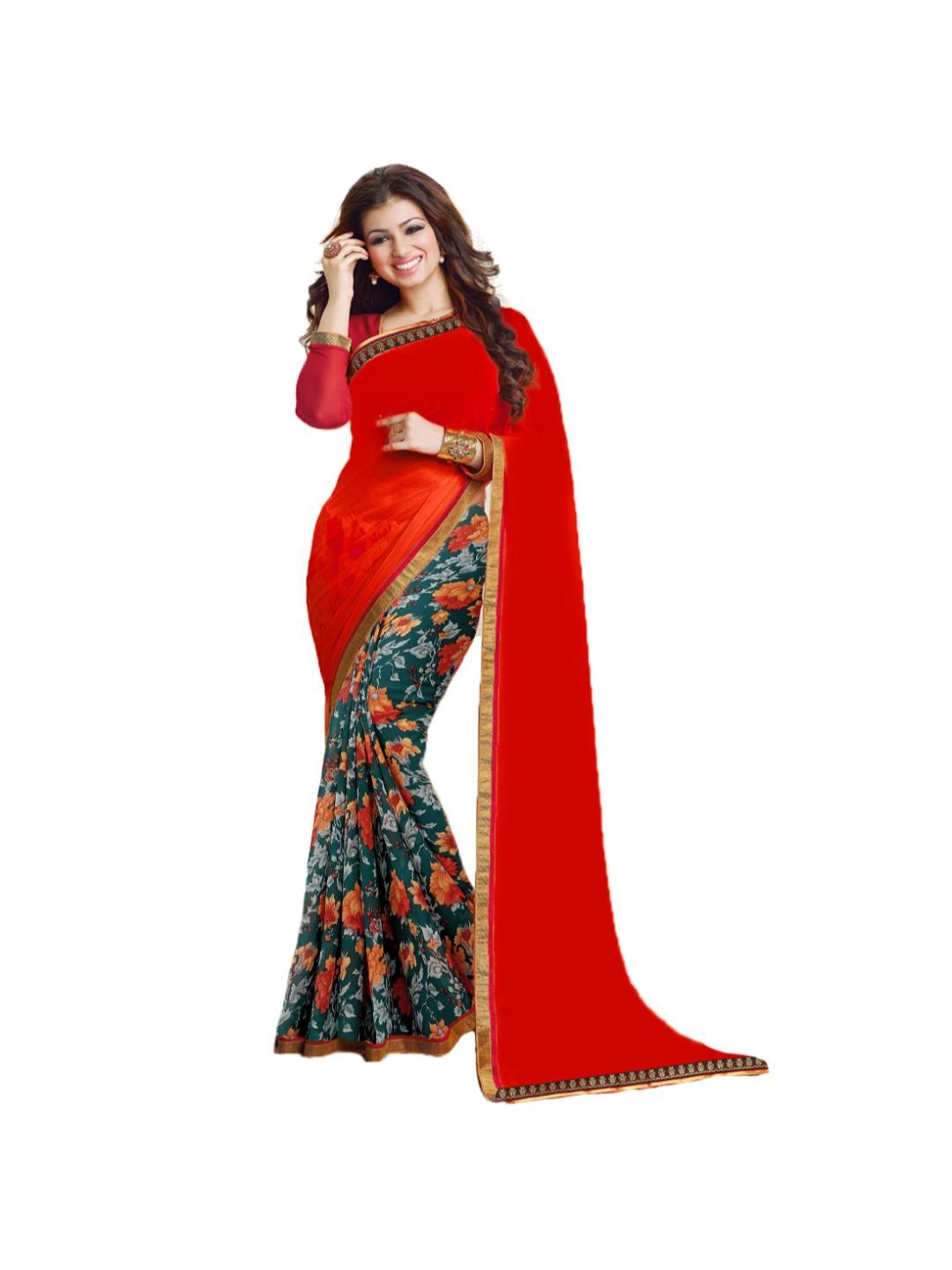 

SM TRENDZ Floral Printed Zari Pure Georgette Half and Half Bhagalpuri Saree, Red