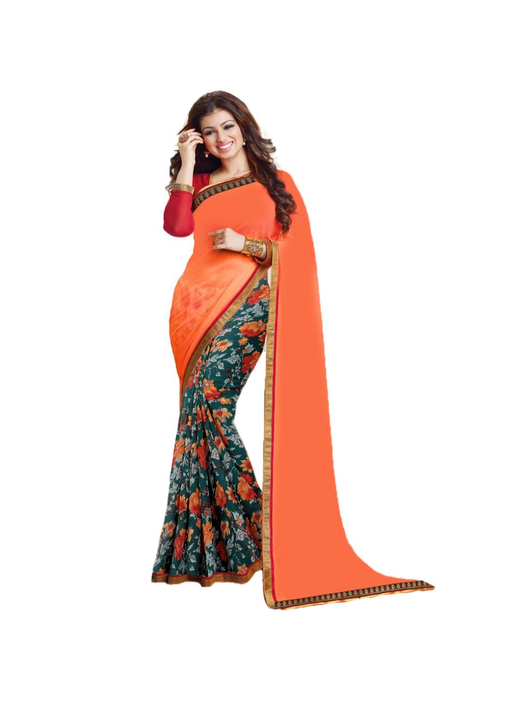 

SM TRENDZ Floral Printed Pure Georgette Half and Half Bhagalpuri Saree, Orange
