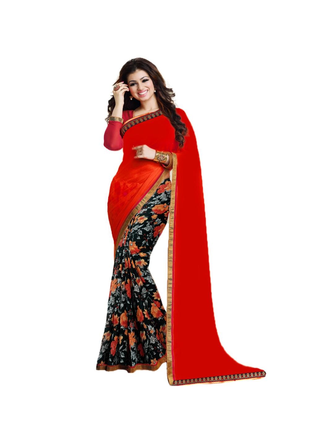 

SM TRENDZ Floral Printed Pure Georgette Half and Half Bhagalpuri Saree, Red