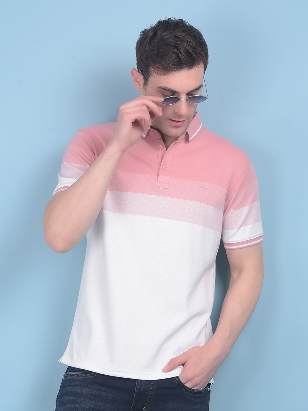 

Crimsoune Club Striped Polo Collar Applique Slim Fit T-shirt, Peach