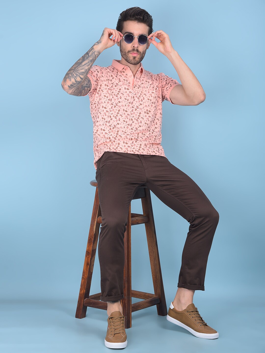 

Crimsoune Club Floral Printed Polo Collar Slim Fit T-shirt, Peach