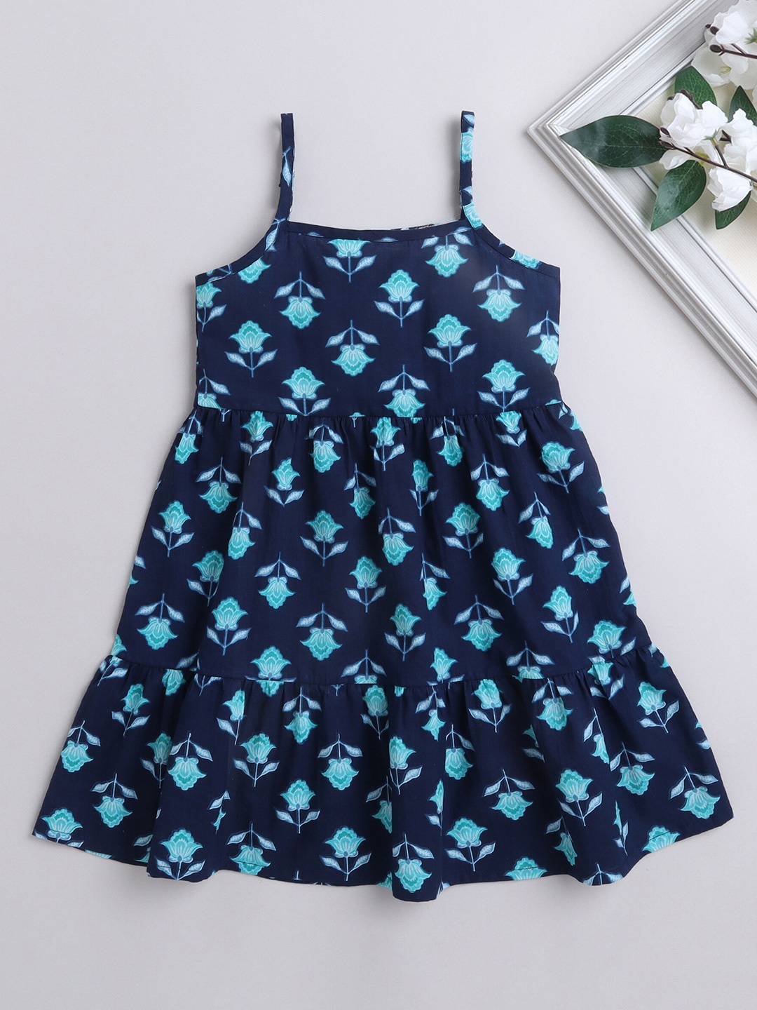 

The Magic Wand Shoulder Strap Floral Printed A-Line Cotton Dress, Navy blue