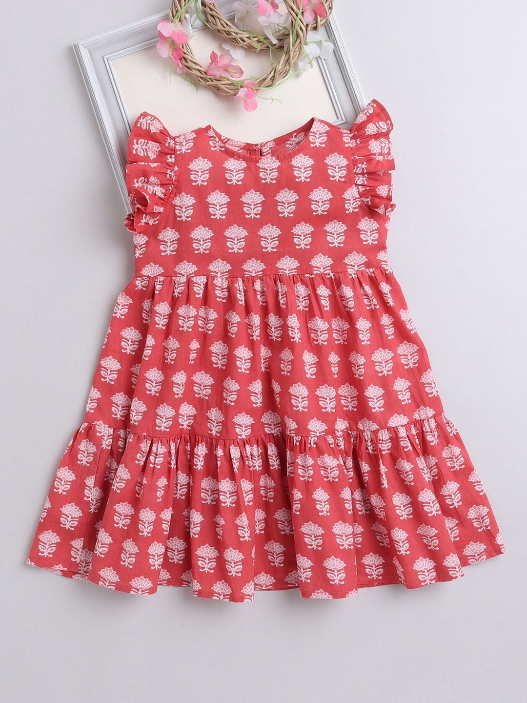 

The Magic Wand Floral Print Flutter Sleeve Fit & Flare Cotton Dress, Red
