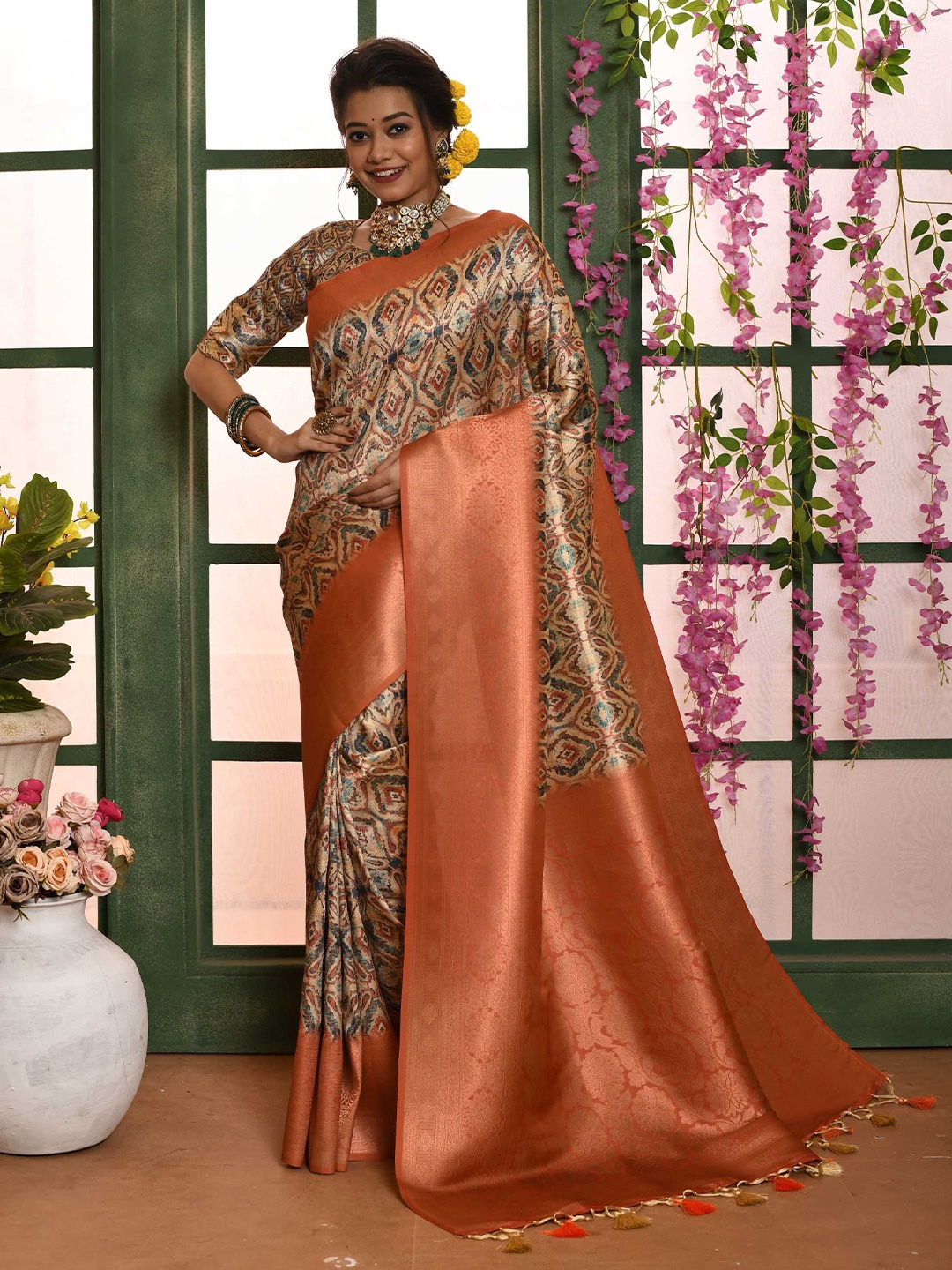 

Mitera Red Geometric Printed Zari Saree