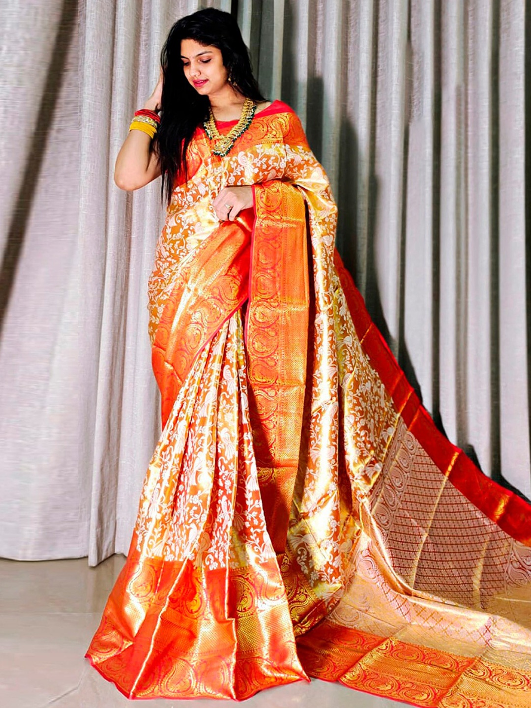 

KALINI Ethnic Motifs Woven Design Zari Silk Blend Kanjeevaram Saree, Orange