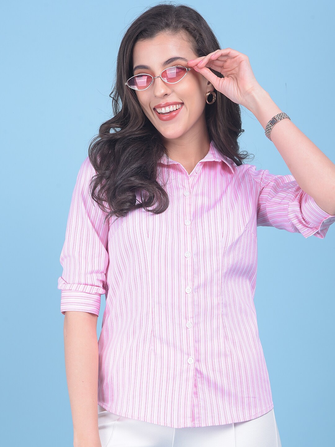 

Crimsoune Club Classic Striped Slim Fit Opaque Cotton Casual Shirt, Pink