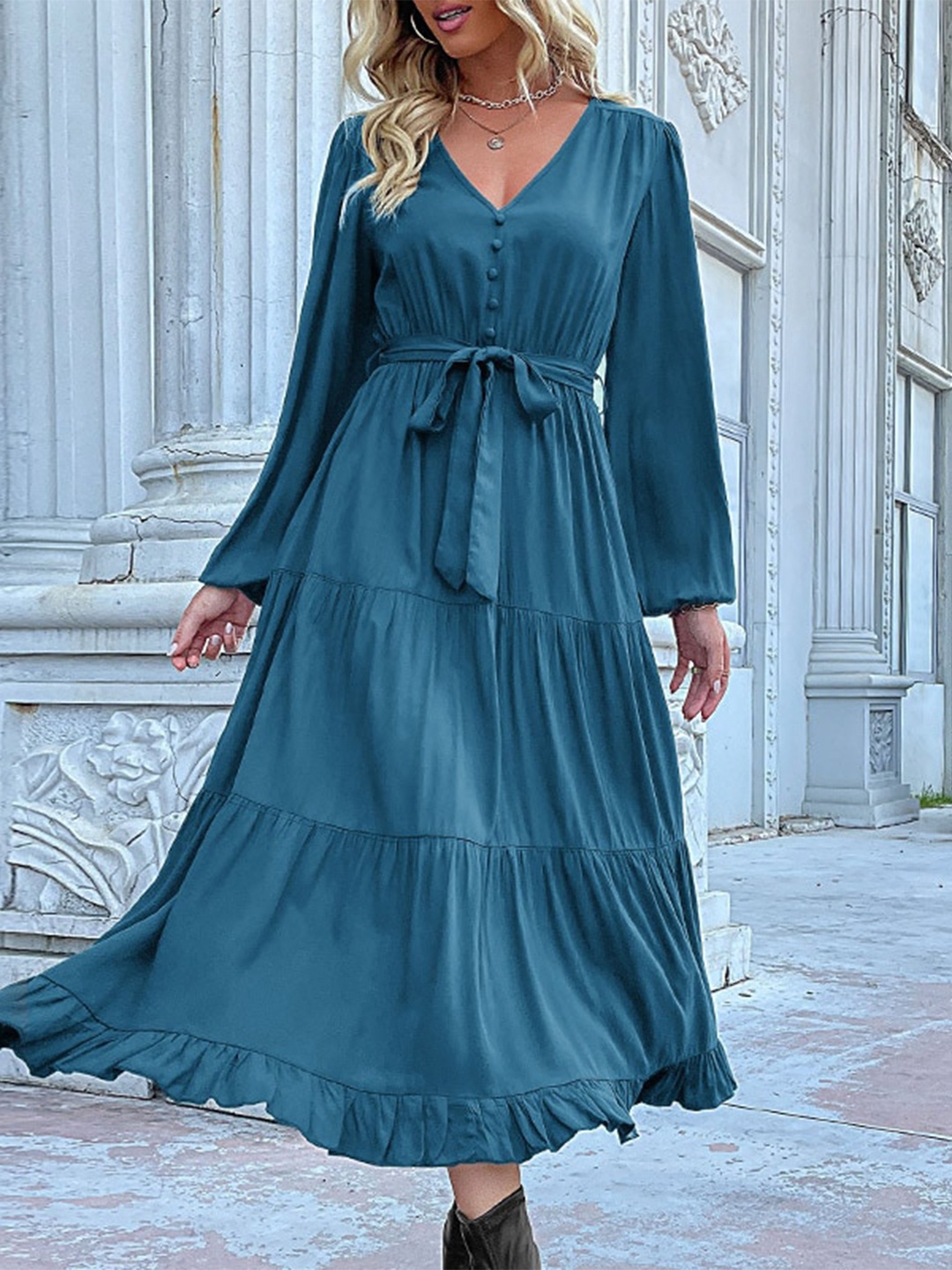 

StyleCast Tie-Up Detail V-Neck Puff Sleeves Fit & Flare Maxi Dress, Blue
