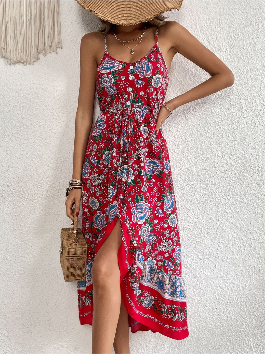 

StyleCast Red & Blue Floral Printed Shoulder Straps Maxi Dress