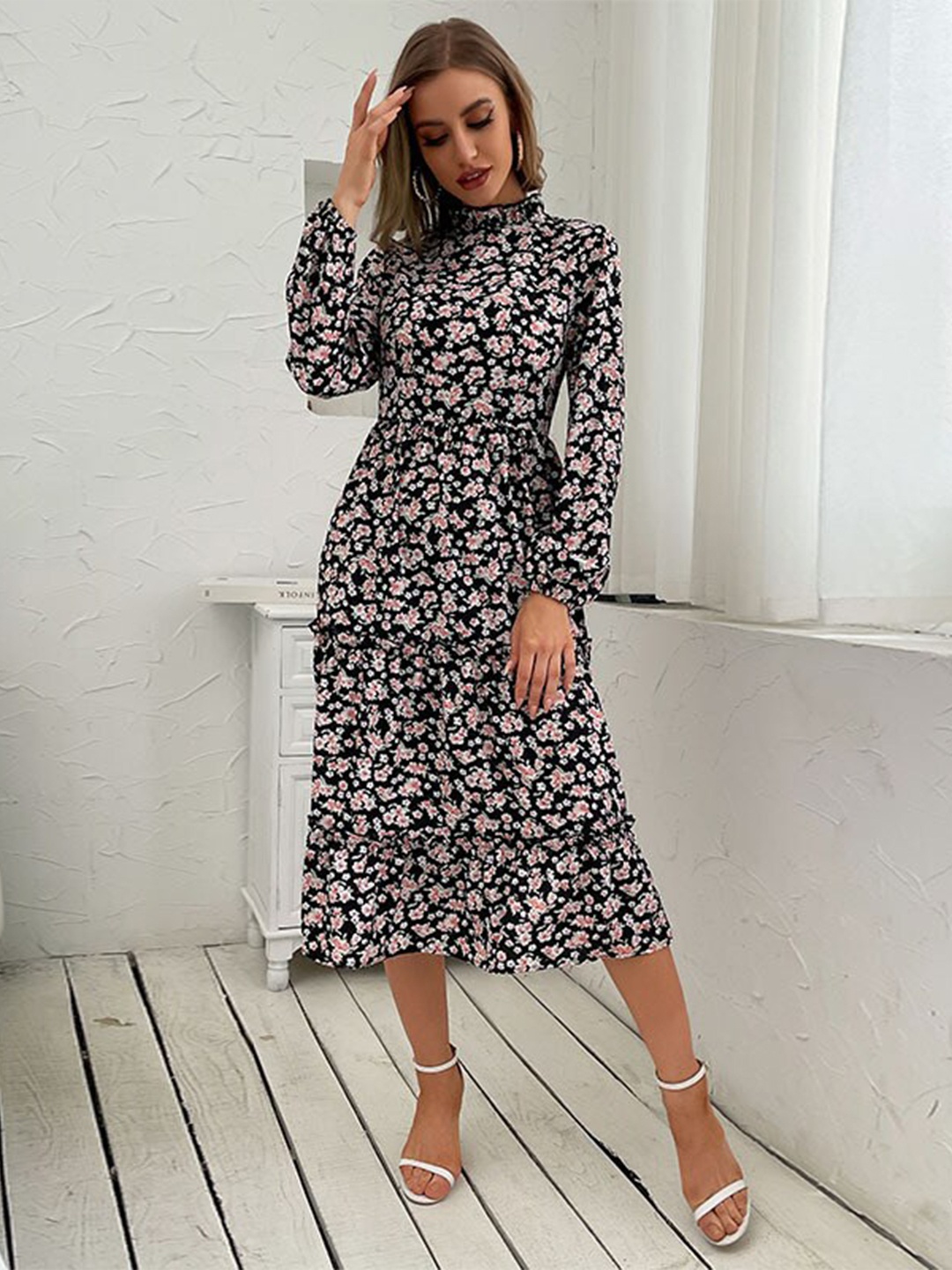 

StyleCast Black & Pink Floral Printed Fit & Flare Midi Dress