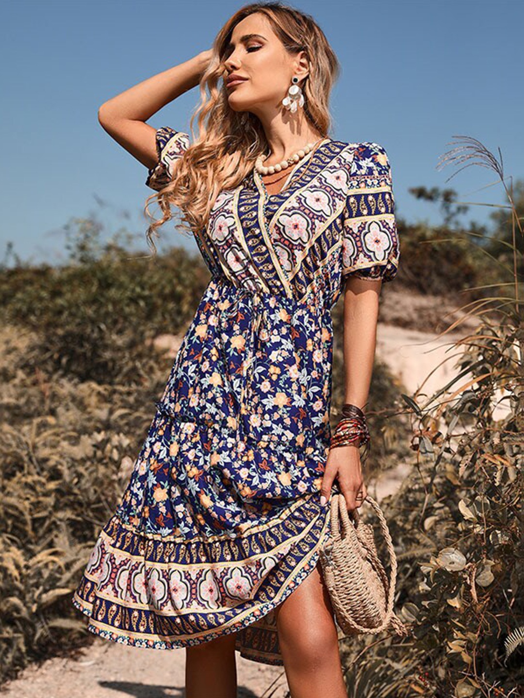 

StyleCast Navy Blue & Off White Ethnic Motifs Printed Midi Wrap Dress