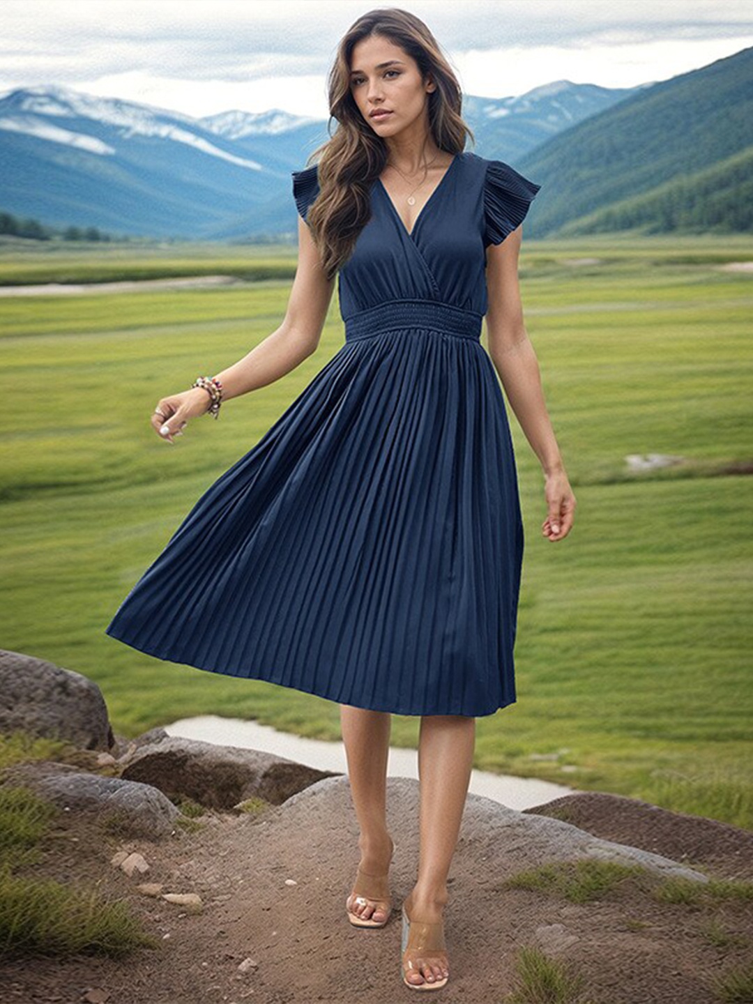 

StyleCast Navy Blue V-Neck Smocked Pleated A-Line Dress