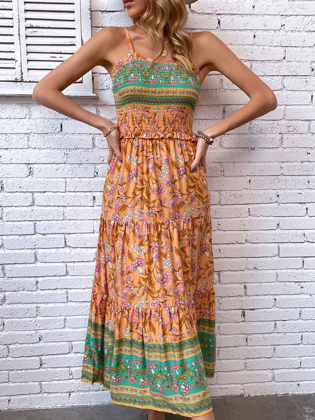 

StyleCast Peach Floral Printed Shoulder Straps Smocked Tiered Maxi Dress