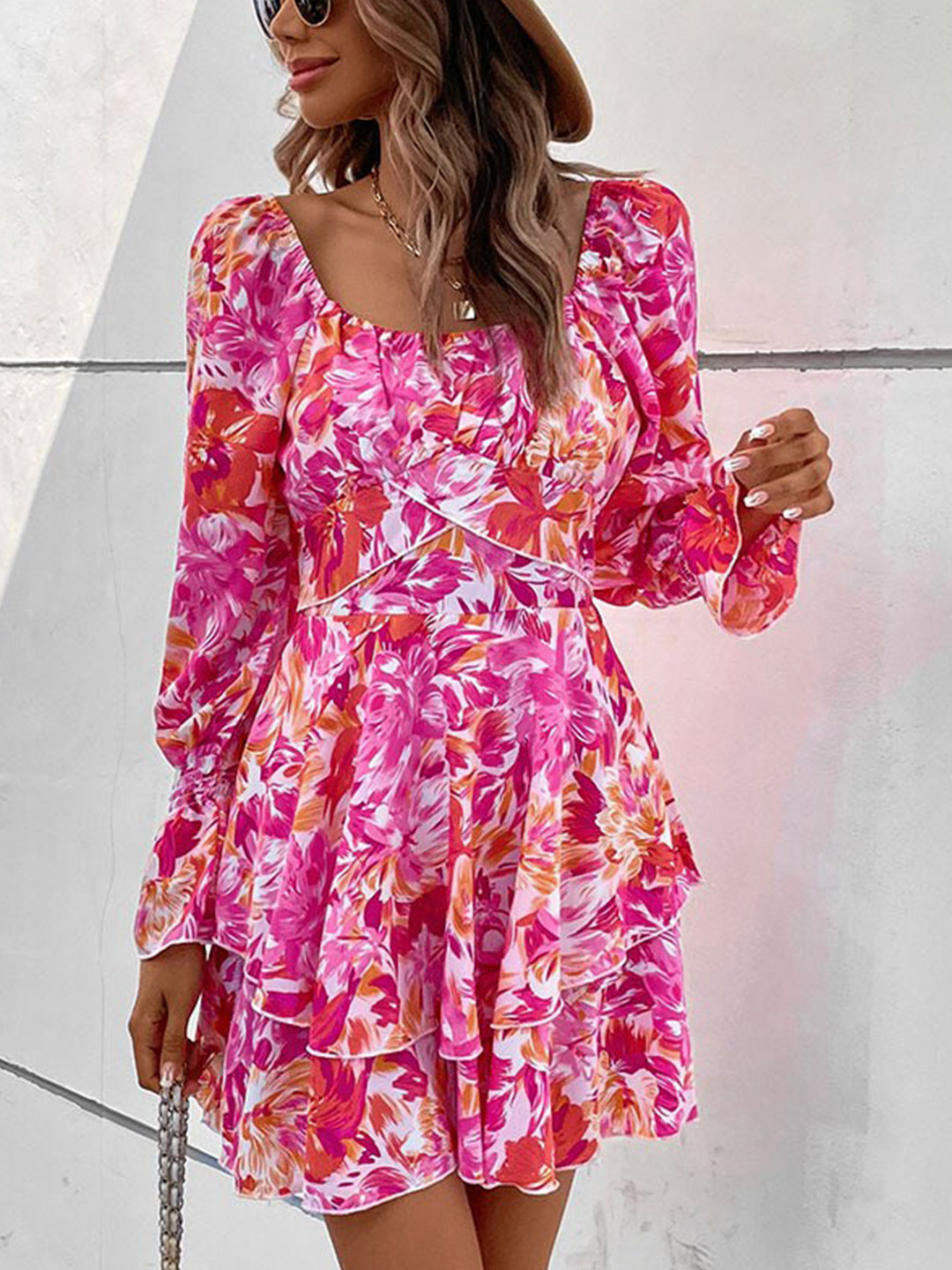 

StyleCast Pink Floral Print Bell Sleeves Fit & Flare Midi Dress