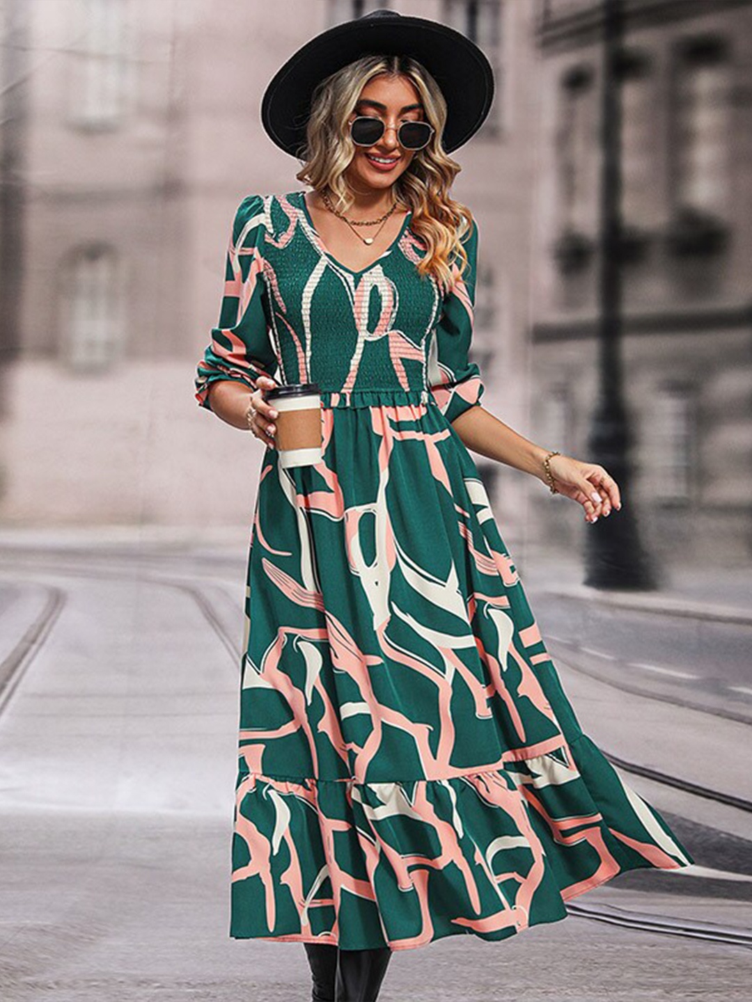 

StyleCast Green Abstract Print Puff Sleeves Smocked A-Line Midi Dress