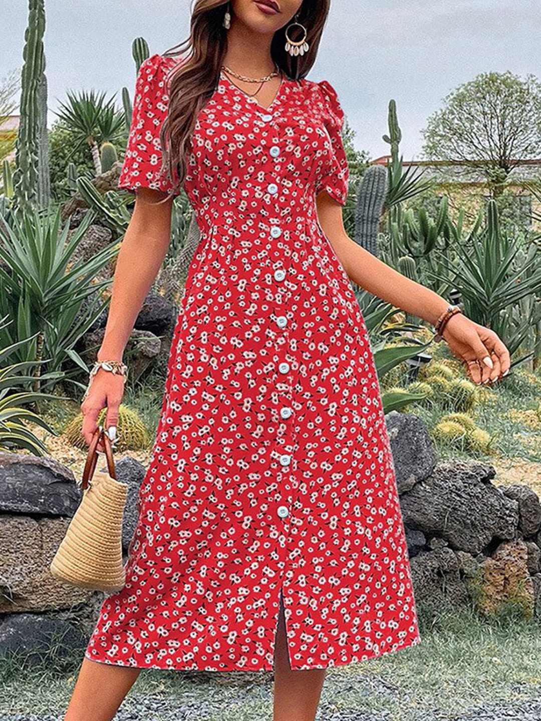 

StyleCast Red Floral Printed V-Neck Flared A-Line Dress