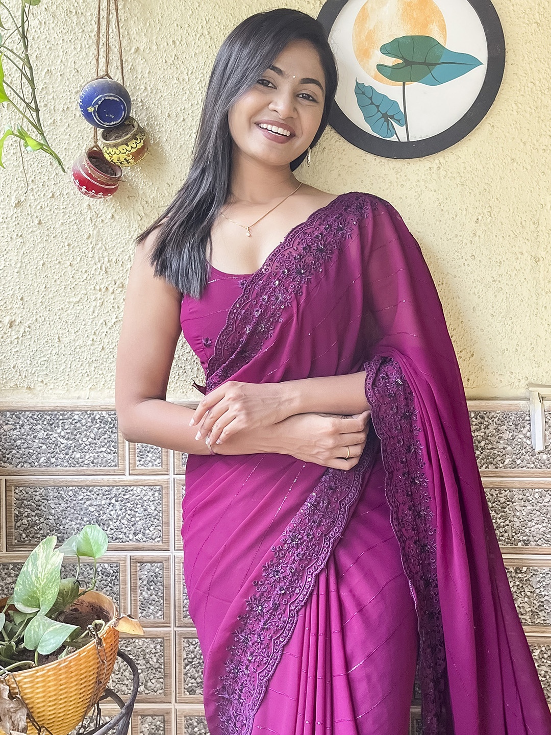 

Mitera Magenta Embellished Embroidered Poly Georgette Saree