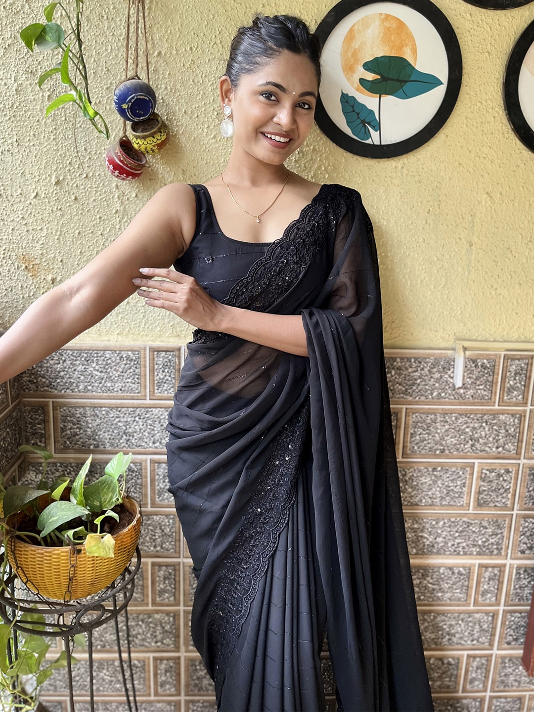 

Mitera Embellished Embroidered Poly Georgette Saree, Black