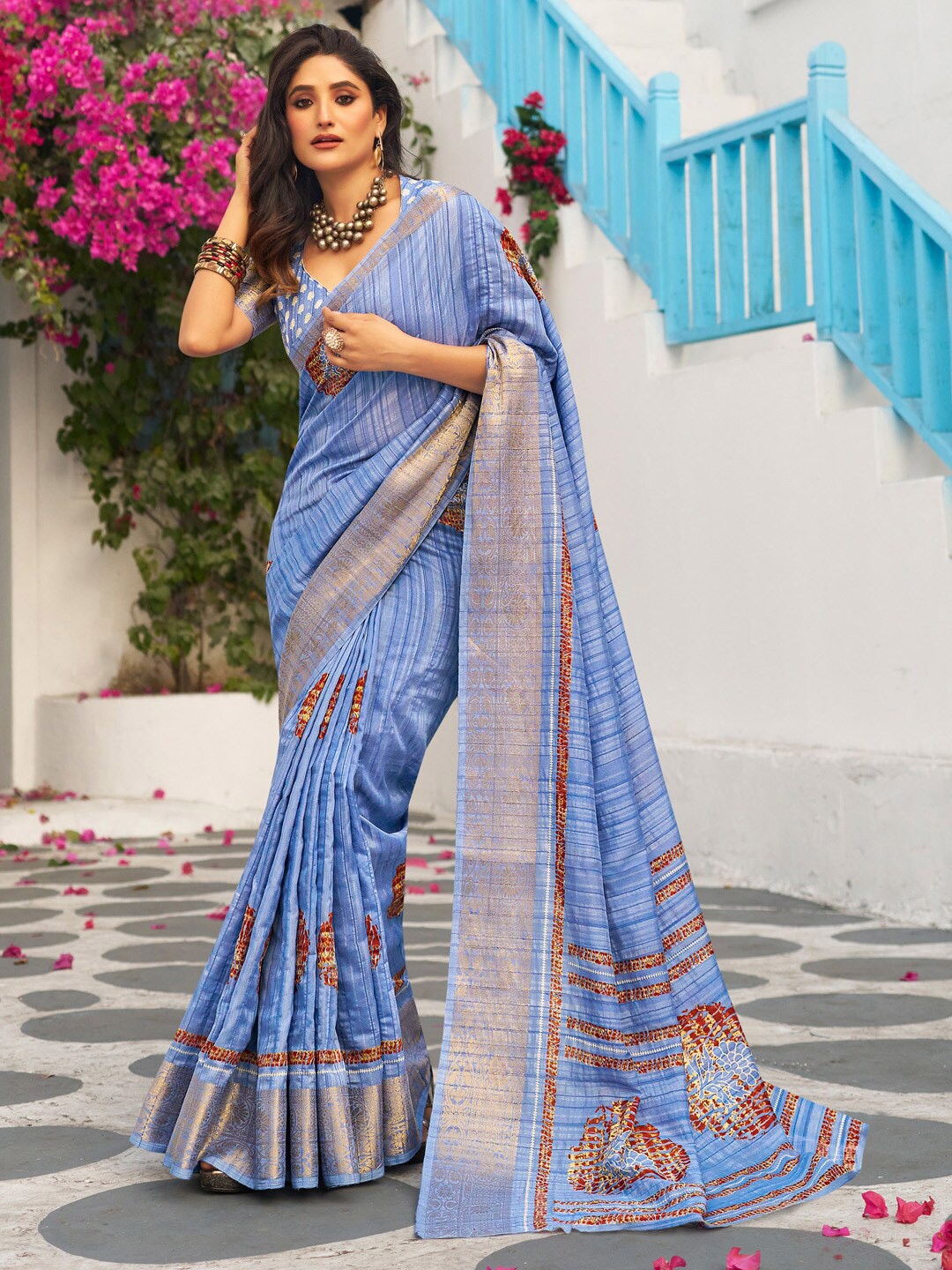 

Mitera Ethnic Motifs Zari Silk Sungudi Saree, Blue