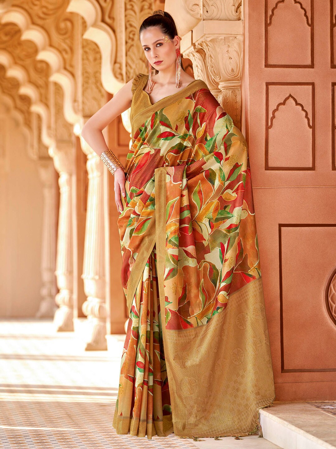 

Saree mall Ethnic Printed Zari Sungudi Saree with Tassels, Rust
