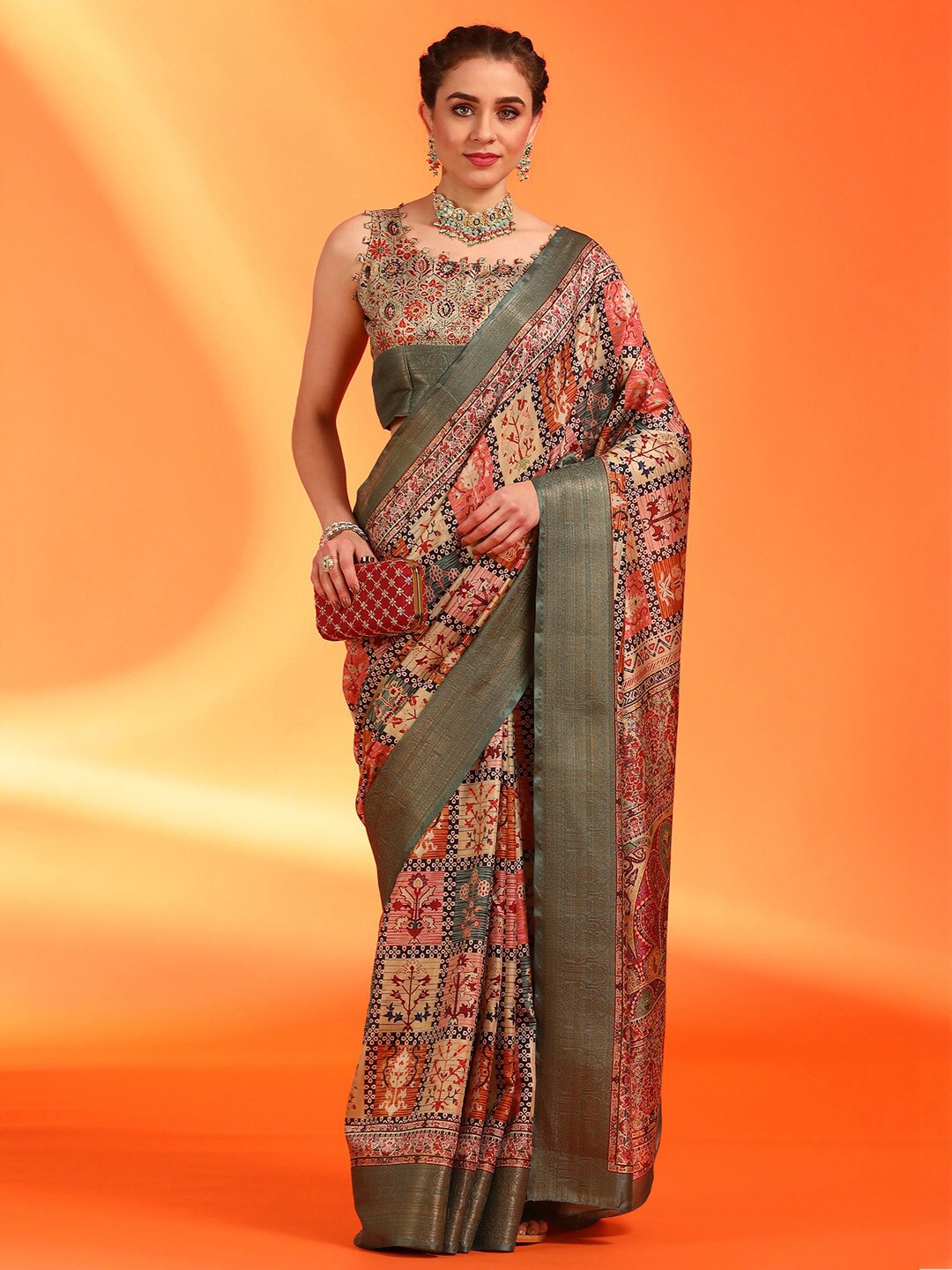 

Saree mall Zari Ethnic Printed Sungudi Sarees, Beige