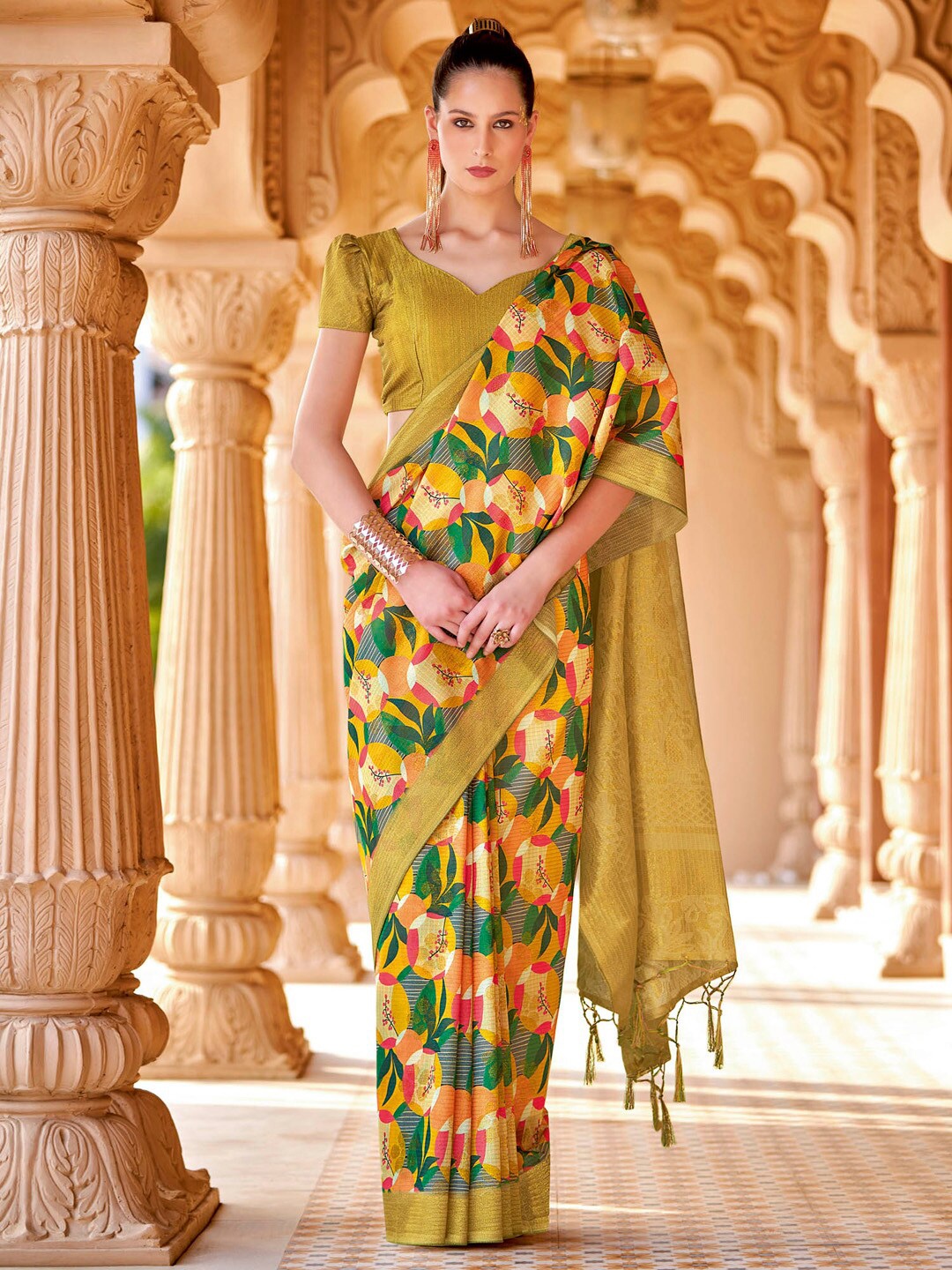 

Saree mall Floral Printed Zari Sungudi Saree with Tassels, Mustard
