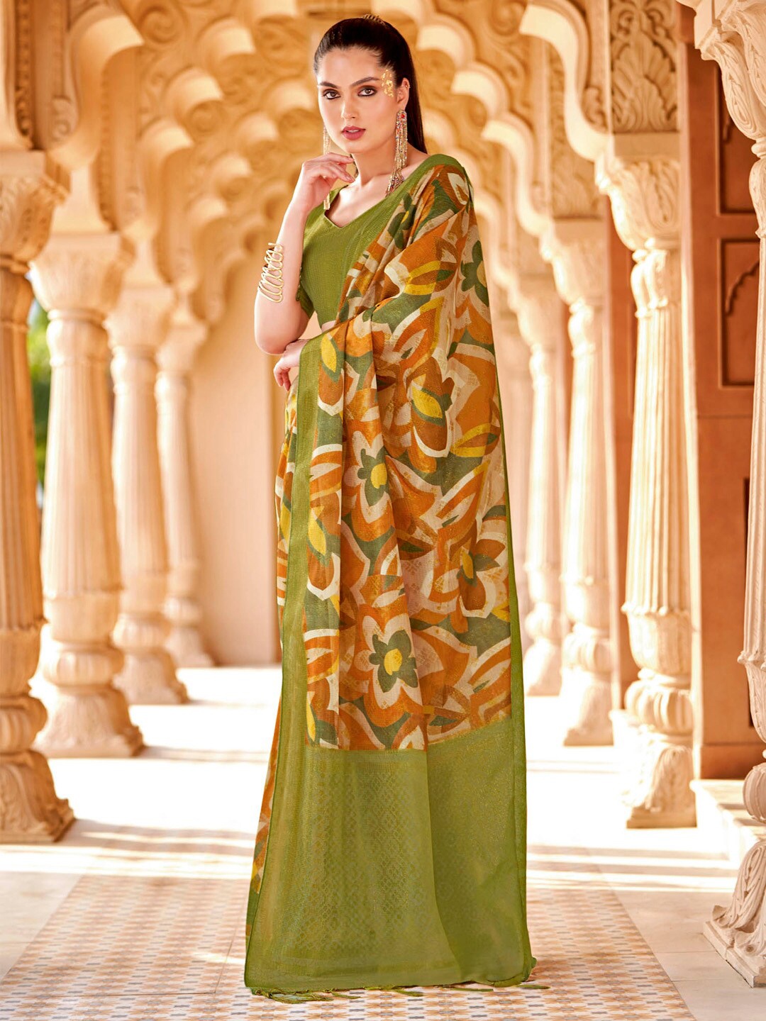 

Saree mall Floral Printed Zari Sungudi Saree with Tassels, Rust