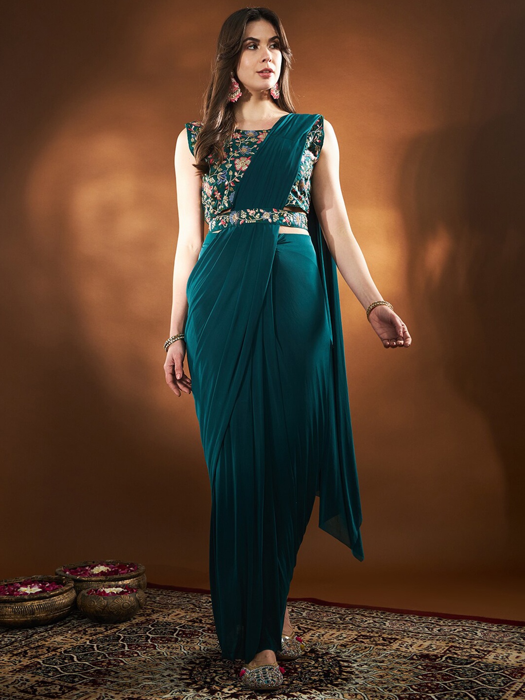 

THE52 Heavy Embroidery Ready to Wear Saree, Green